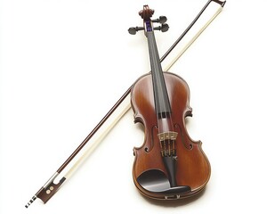 Fototapeta premium A beautifully crafted wooden violin with a bow, showcasing its elegant curves and rich color.
