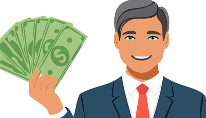 A man wearing a formal suit and tie is confidently holding a fan of cash money, displaying his satisfaction with a pleased expression on his face