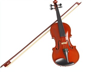 Fototapeta premium A beautifully crafted wooden violin and bow, showcasing rich tones and intricate details against a bright background.