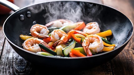 Dynamic freeze motion of sizzling vegetables and shrimp above a wok pan, steam and vibrant colors creating a striking image, ample copy space, balanced composition,