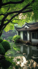 Palace pavilions by the river, white walled and black tiled buildings, ancient trees