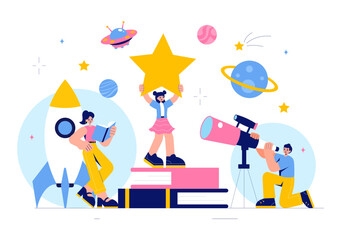 Astronomy Vector Illustration featuring People Observing a Starry Night Sky with Galaxies and Planets in Outer Space Using Telescopes in a Background