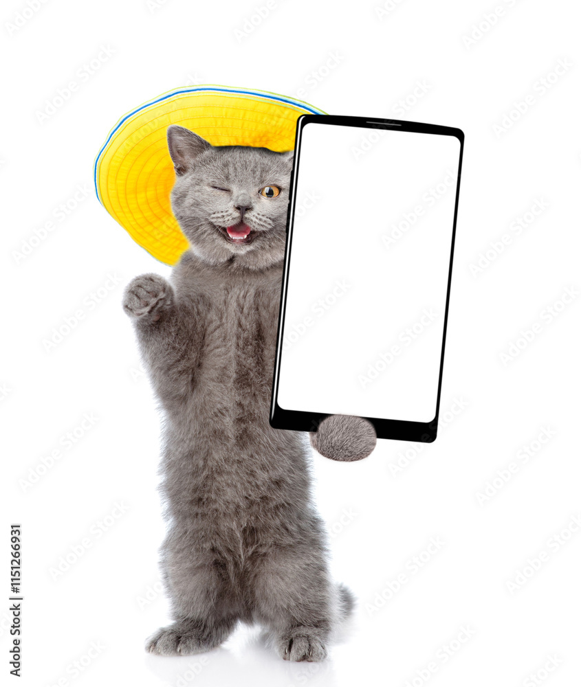 Aufkleber winking cat wearing summer hat standing on hind legs and showing big smartphone with white blank scr