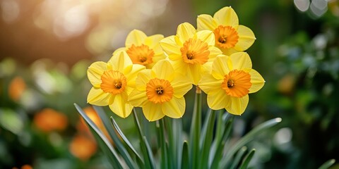 Vibrant yellow daffodil blooms, representing the first summer flowers, showcase the beauty and charm of narcissus, a delightful addition to any garden or floral arrangement.
