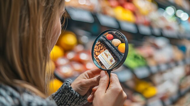 Close-up of woman examining food package label with magnifying glass, focusing on allergy details for food safety awareness.