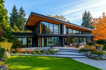 Modern House Exterior with Landscaping. Concept of Luxury, Contemporary Architecture, and Outdoor Living.