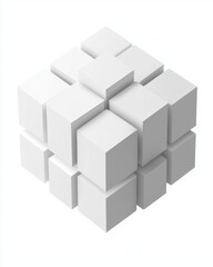 Abstract composition featuring interconnected white cubes in a three-dimensional arrangement.