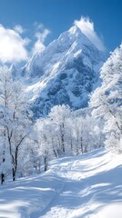 Obraz premium Majestic snowy mountain landscape under a clear blue sky.