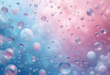 water droplets floating on a pastel pink and blue background with bubbles and air cells in the foreground	
