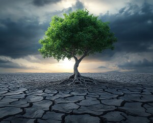 Green tree growing in a cracked, dry landscape under dramatic storm clouds, representing resilience and hope, emotional and lifelike scene