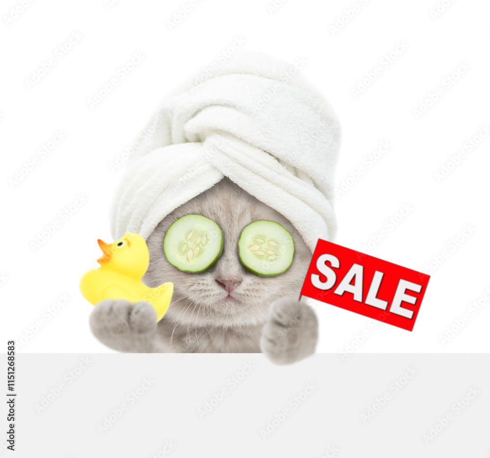 Fototapete cute kitten with slices of cucumber on it eyes wearing towel on it head holds rubber duck and shows 