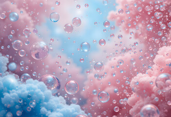 water droplets floating on a pastel pink and blue background with bubbles and air cells in the foreground	