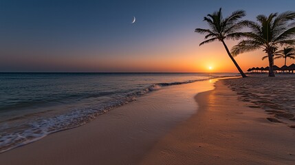 Sunset at a beach with palm trees and calm ocean.