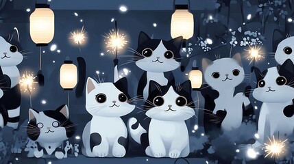 Playful cats holding sparklers and running through a lively Japanese festival, surrounded by glowing lanterns, festive decorations, and a backdrop of fireworks, warm and joyful ambiance, hd quality.