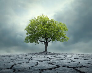 Resilient green tree standing tall in a cracked barren landscape under stormy skies, symbolizing hope and strength, lifelike and dramatic composition