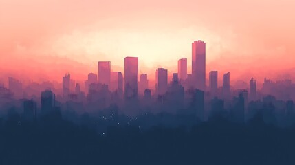 Fototapeta premium Captivating image of a city at dawn with silhouette of the buildings is highlighted against a vibrant pink orange sky for atmosphere is calm serene.