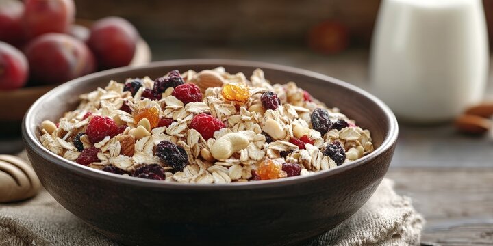Bowl of oat muesli featuring a variety of fresh and dried fruits, berries, honey, and nuts, complemented by a milk jug in the background. This oat muesli makes for a healthy breakfast option.