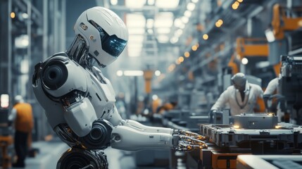 Fototapeta premium Advanced robot working on assembly line in factory.