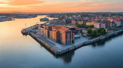 Obraz premium A beautiful waterfront view of modern buildings at sunset.