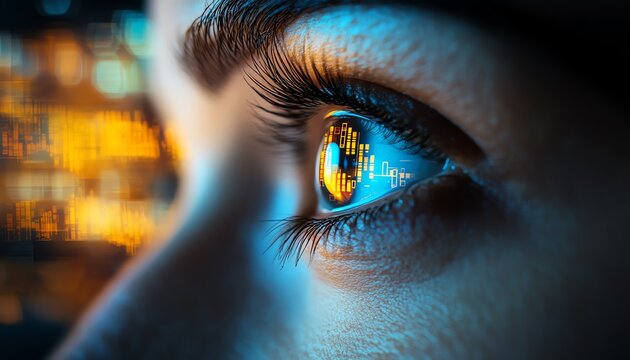 Closeup of a persons eye, with vibrant stock market graphs and data reflected in it, illustrating the concept of financial surveillance and indepth market analysis