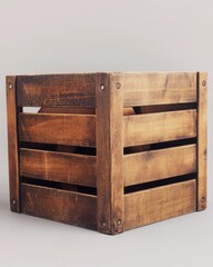 A rustic wooden crate with a rich brown finish, showcasing its detailed craftsmanship and sturdy design.