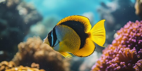 Obraz premium A snorkeler captures stunning photographs of the Pacific double saddle butterflyfish while exploring vibrant underwater scenes. The Pacific double saddle butterflyfish showcases its beauty in the