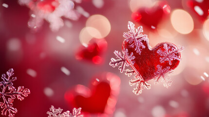 Cristal red heart combine with falling snow