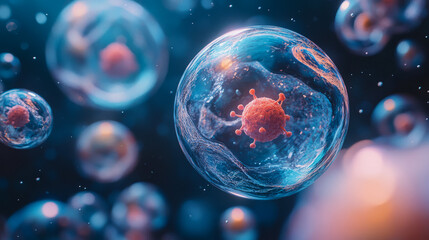 Naklejka premium Microscopic view of viruses and cells in a blue cellular environment
