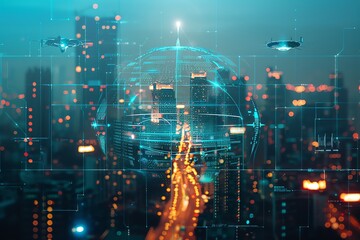 Futuristic city skyline with digital interface and drones.