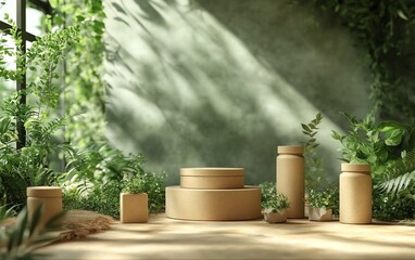 3D mockup of ecofriendly packaging, surrounded by nature and greenery, showcasing sustainable design elements and branding concepts for an environmentally conscious look
