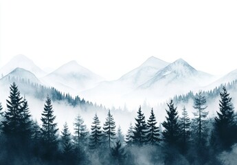 Fototapeta premium Serene Watercolor Landscape of Mountains and Dense Forests