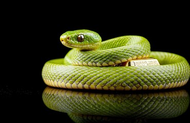 Obraz premium A charming green snake playfully wrapped around a gold bar, positioned on a reflective surface with ample room for advertising text, balanced composition,