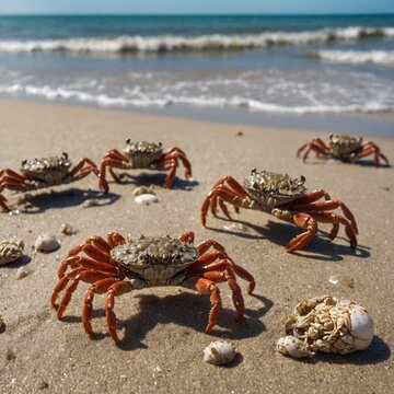 Baby crabs scuttling on the beach.

