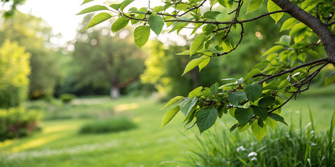 Obraz premium branch with green leaves on blurred greenery background