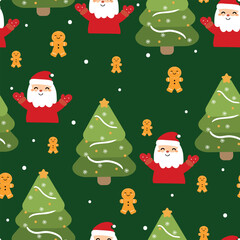 Fototapeta premium Seamless pattern cartoon santa claus with gingerbread and christmas tree. cute christmas wallpaper for fabric print, gift wrap paper