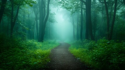 Obraz premium A misty forest pathway surrounded by lush greenery.