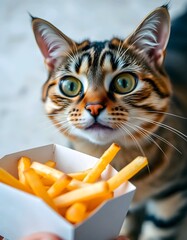 Hungry Cat Gazing at Delicious French Fries