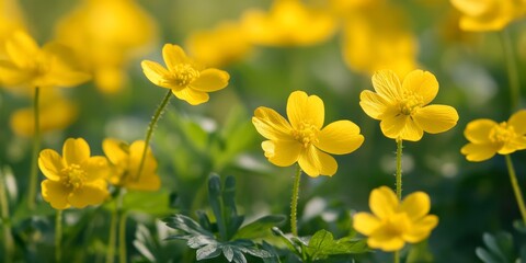 Fototapeta premium Greater celandine herb featuring vibrant yellow flowers captured in a meadow. This close up of greater celandine highlights the unique beauty of the greater celandine plant in natural surroundings.