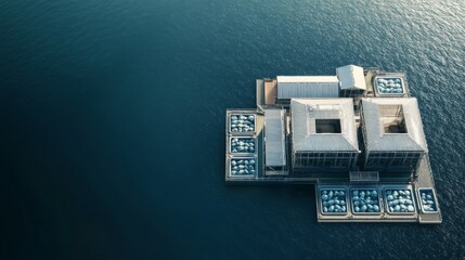 Fototapeta premium Aerial view of a modern building complex on a floating platform in the ocean.