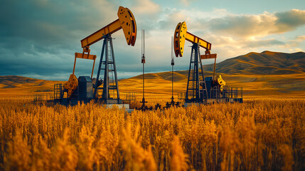 Onshore Oil Wells and Pumpjacks Amidst Golden Fields in Saskatchewan, Canada's Energy Landscape
