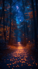 Fototapeta premium Mystical Starry Night Forest Path with Enchanting Red Moonlight Shadows and Firefly Glow