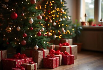 Many presents around the Christmas tree 3D illustration
