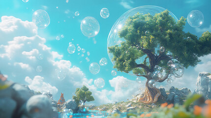 landscape with trees and clouds bubble 