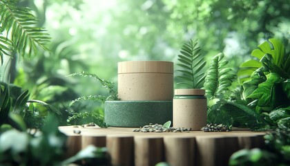 Ecofriendly packaging mockup with a creative natural theme, surrounded by vibrant greenery, ideal for showcasing sustainable branding and design in a 3D illustration