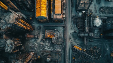 Aerial view of industrial complex at dusk.