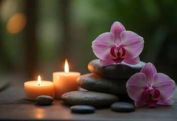 Zen basalt stones and bamboo on the wood
