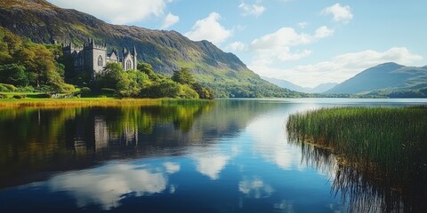 Fototapeta premium Serene Kylemore Abbey located by a picturesque lake, showcasing the stunning beauty of Kylemore Abbey s surroundings amidst the tranquil waters and lush nature.