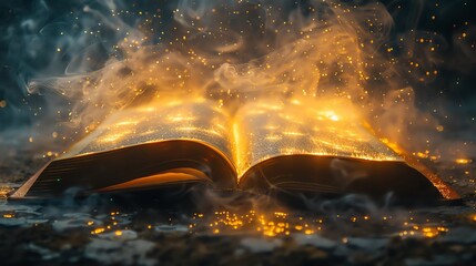 Glowing ancient book emitting smoke and sparks.