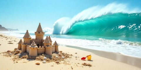 Naklejka premium Building a sand castle by the ocean with waves crashing nearby on a sunny day