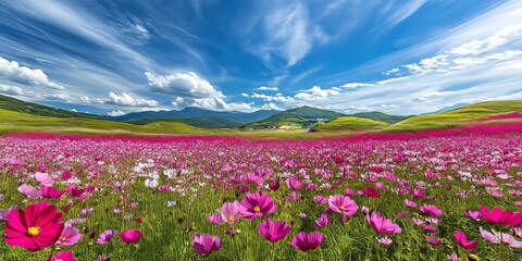 Obraz premium Vibrant cosmos flower field during a festival celebrating Kochia scoparia, showcasing the beauty and diversity of these stunning cosmos flowers in a breathtaking landscape.